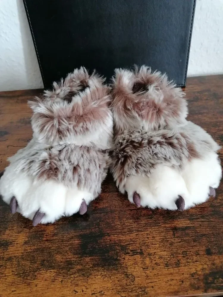John Lewis Boy Toddler Slippers Size 9 Fury Bear Paws With Claws Strip Fasten - Picture 1 of 10